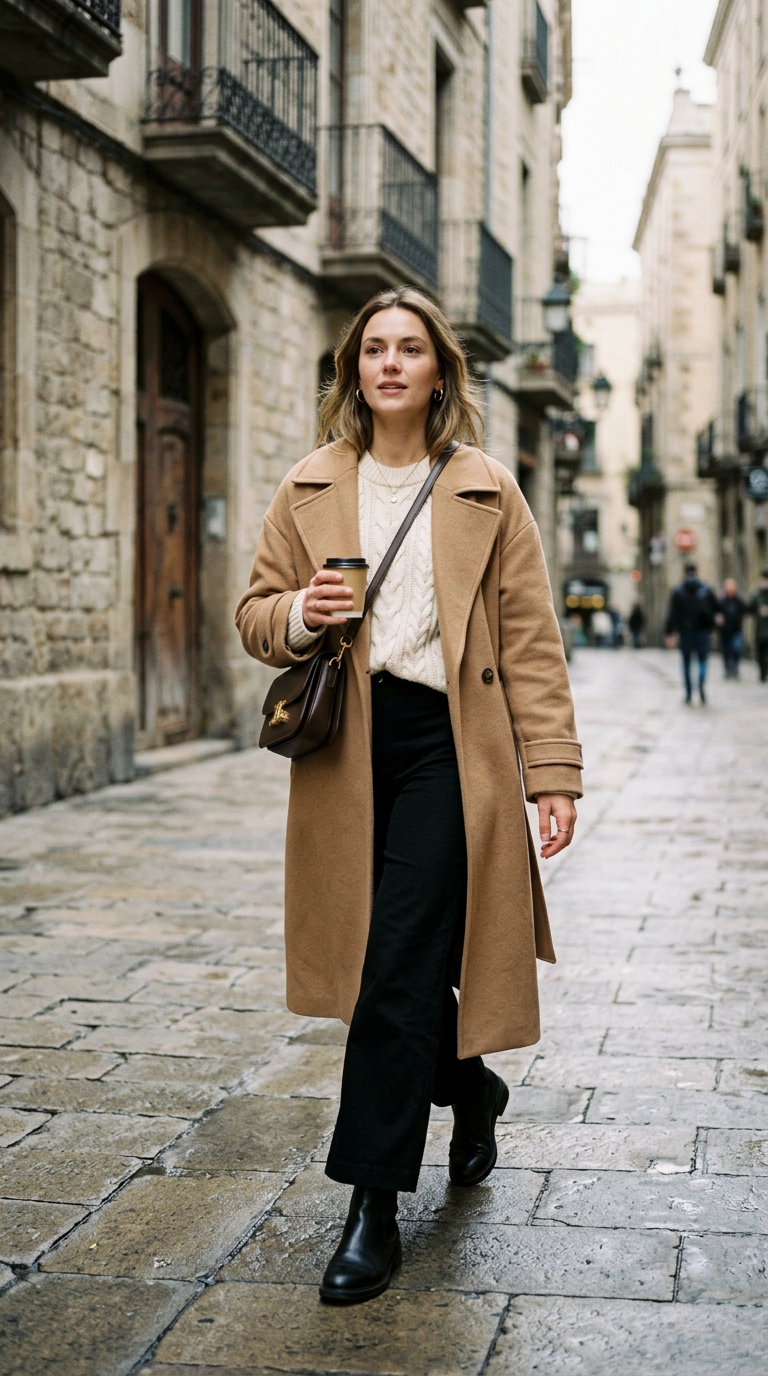 Elevae new season — woman in oversized trench and tailored trousers on a city street
